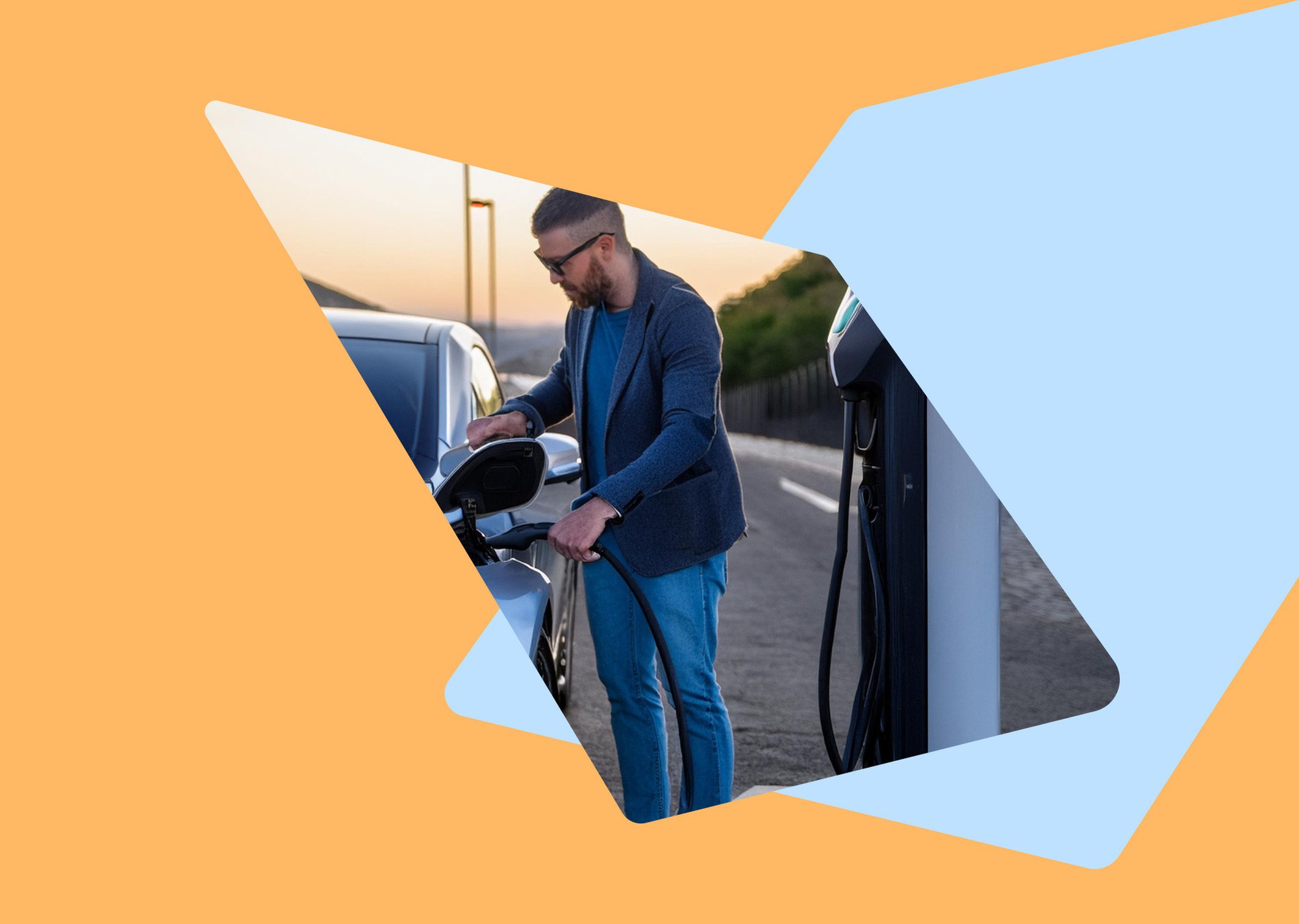 A person charging an electric car at a public charging station. 1